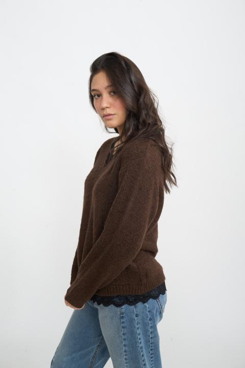 Maglia scollo V pizzo marrone - Autunno - Inverno 2025 | Brend