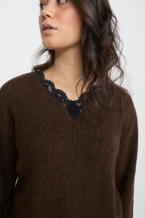 Maglia scollo V pizzo marrone - Autunno - Inverno 2025 | Brend