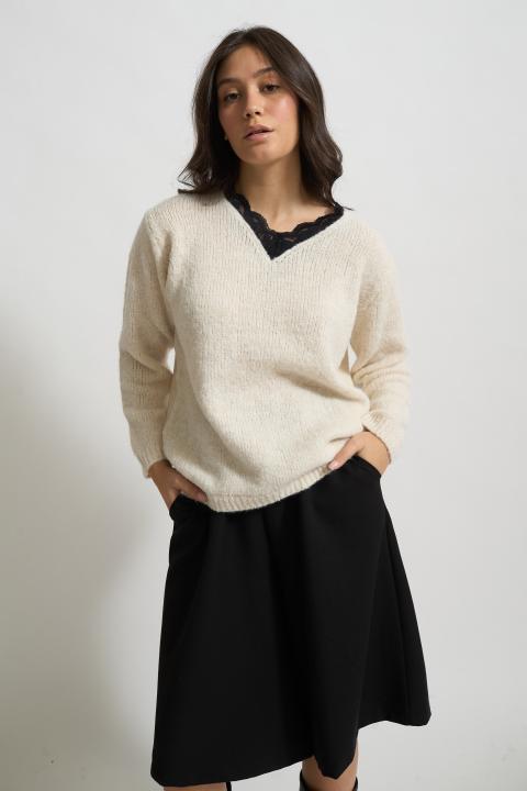 Maglia scollo V pizzo panna - Autunno - Inverno 2025 | Brend