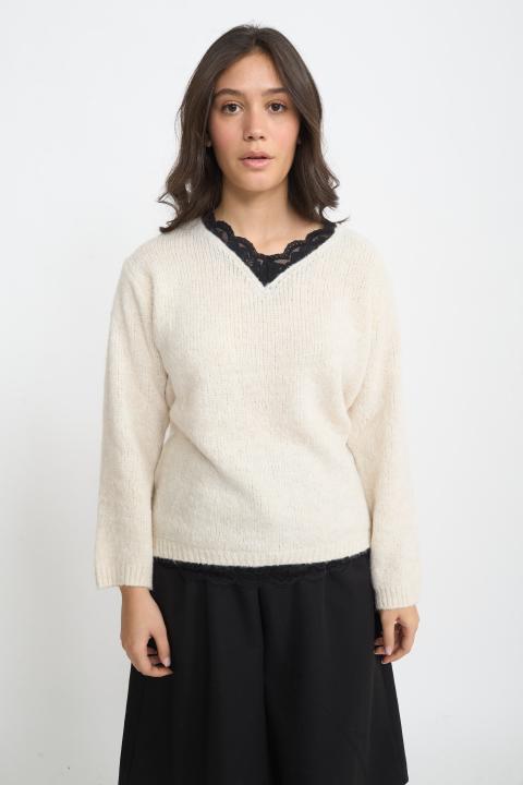 Maglia scollo V pizzo panna - Autunno - Inverno 2025 | Brend