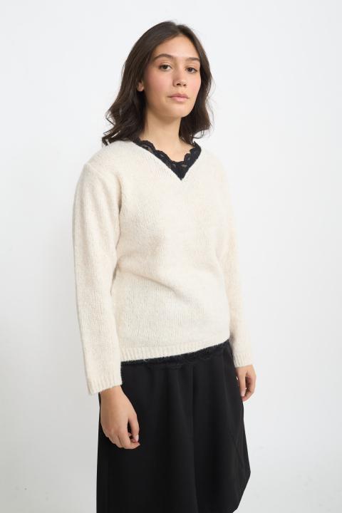 Maglia scollo V pizzo panna - Autunno - Inverno 2025 | Brend