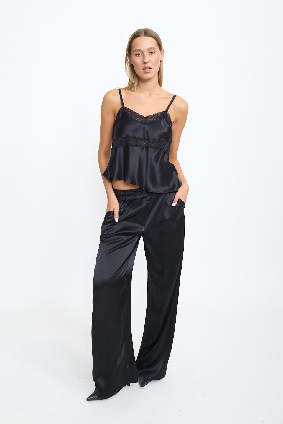 Pantalone palazzo raso pieghe nero - Autunno - Inverno 2025 | Brend