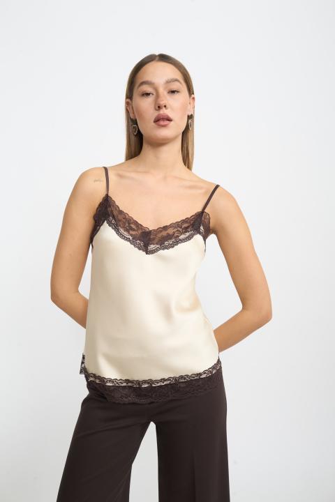 Top raso dettaglio pizzo panna/marrone - Autunno - Inverno 2025 | Brend