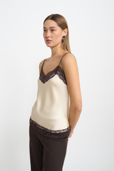 Top raso dettaglio pizzo panna/marrone - Autunno - Inverno 2025 | Brend