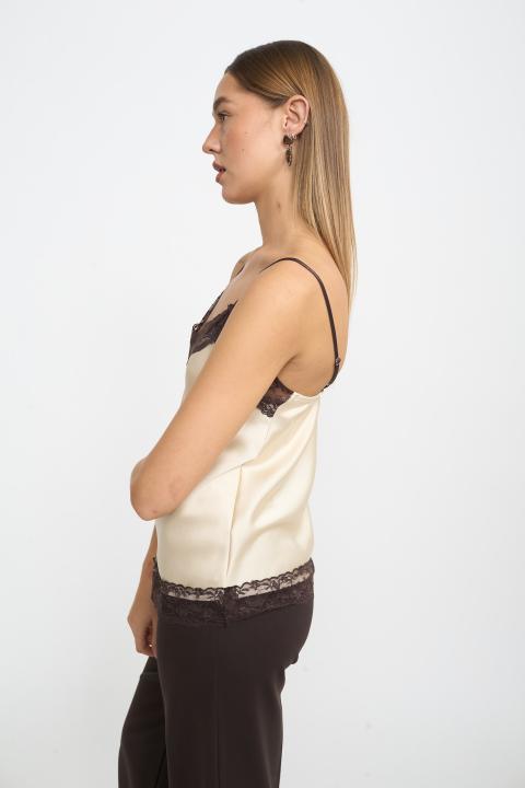 Top raso dettaglio pizzo panna/marrone - Autunno - Inverno 2025 | Brend