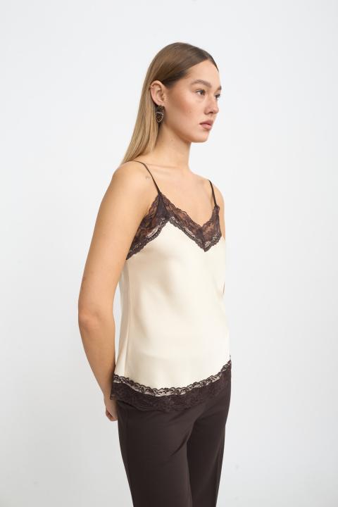 Top raso dettaglio pizzo panna/marrone - Autunno - Inverno 2025 | Brend