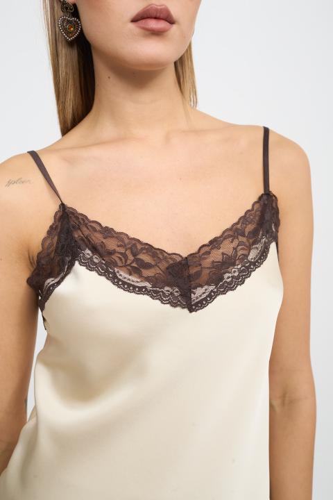 Top raso dettaglio pizzo panna/marrone - Autunno - Inverno 2025 | Brend