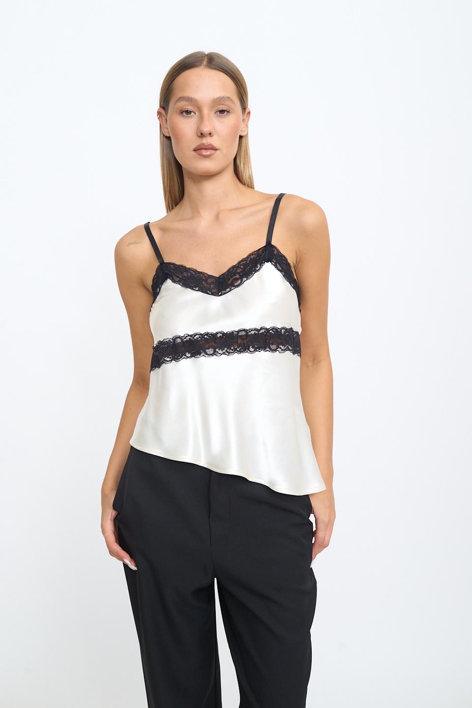 Top raso asimmetrico pizzo panna/nero - Autunno - Inverno 2025 | Brend