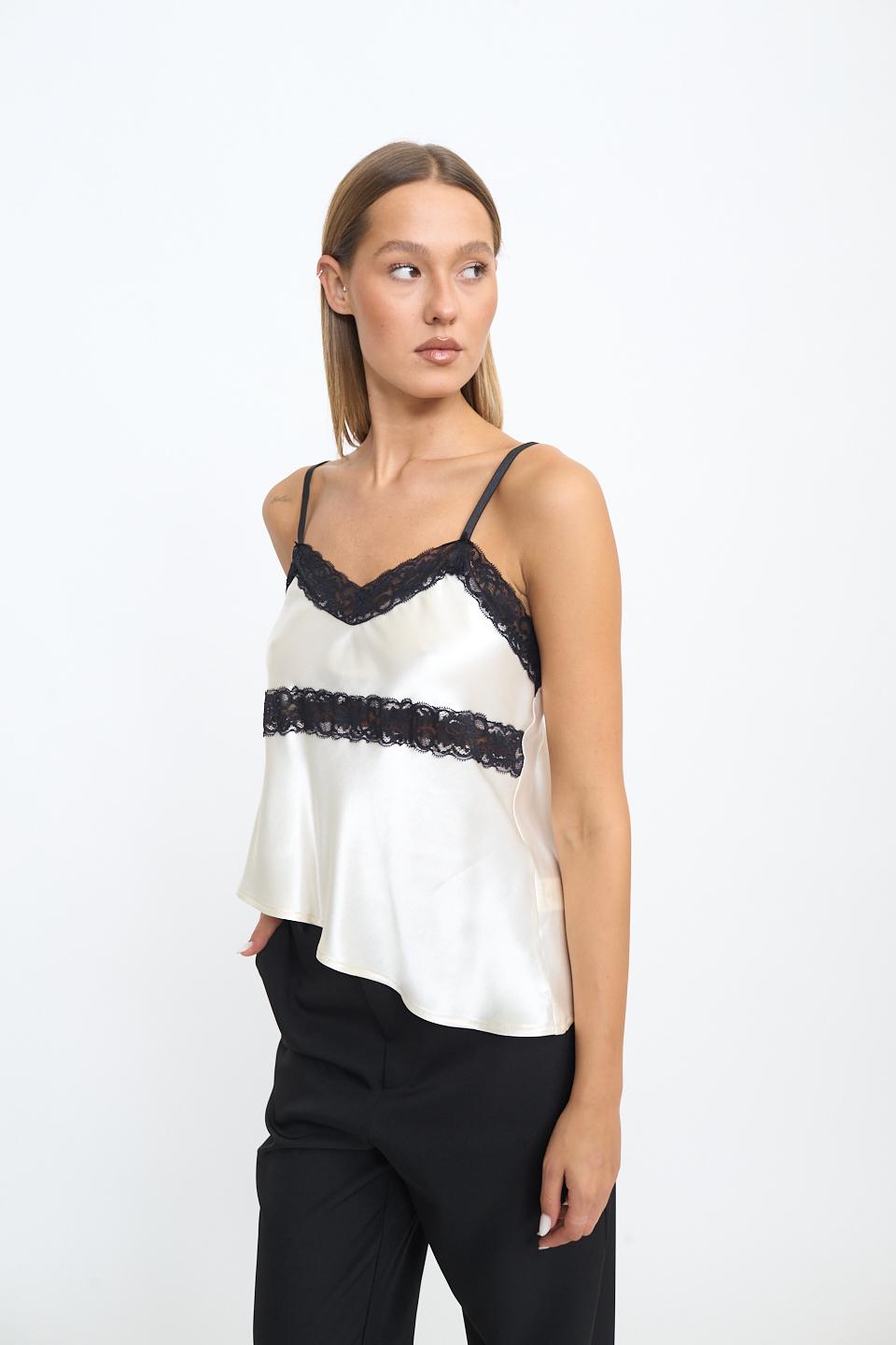 Top raso asimmetrico pizzo panna/nero - Autunno - Inverno 2025 | Brend