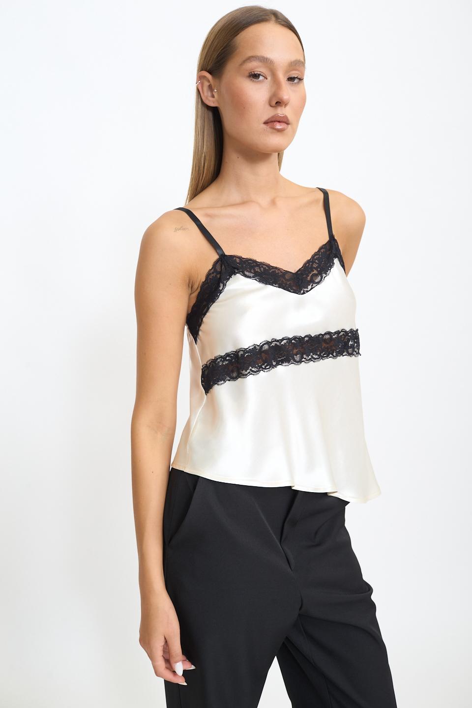 Top raso asimmetrico pizzo panna/nero - Autunno - Inverno 2025 | Brend