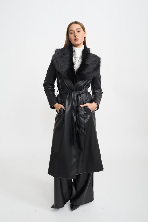 Trench collo ecofur nero - Autunno - Inverno 2025 | Brend