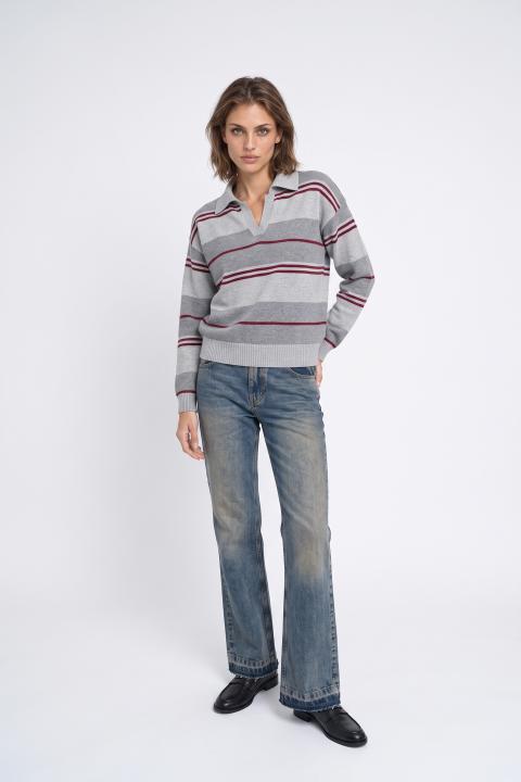 Maglia polo rigata perla/grigio-bordeaux - Autunno - Inverno 2027 | Brend