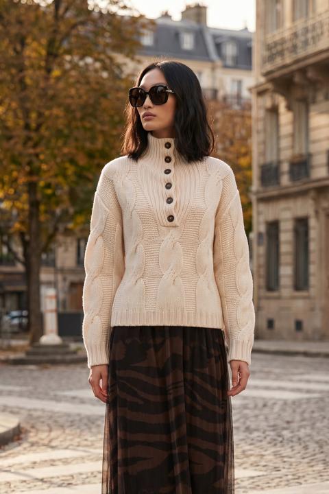 Maglia collo imbuto treccia panna - Autunno - Inverno 2027 | Brend