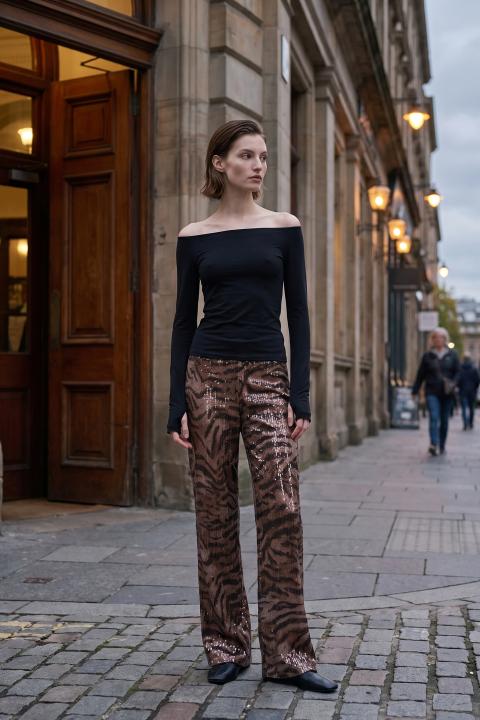Pantalone palazzo paillettes fantasia animalier - Autunno - Inverno 2027 | Brend