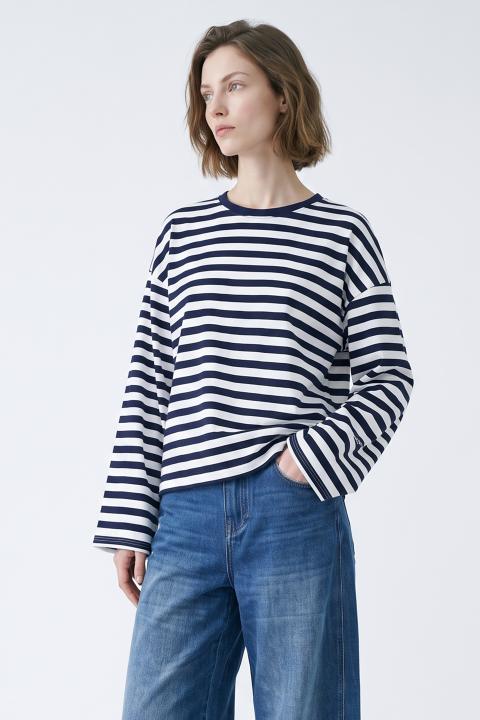 T-shirt over manica lunga rigo blu/panna - Autunno - Inverno 2027 | Brend