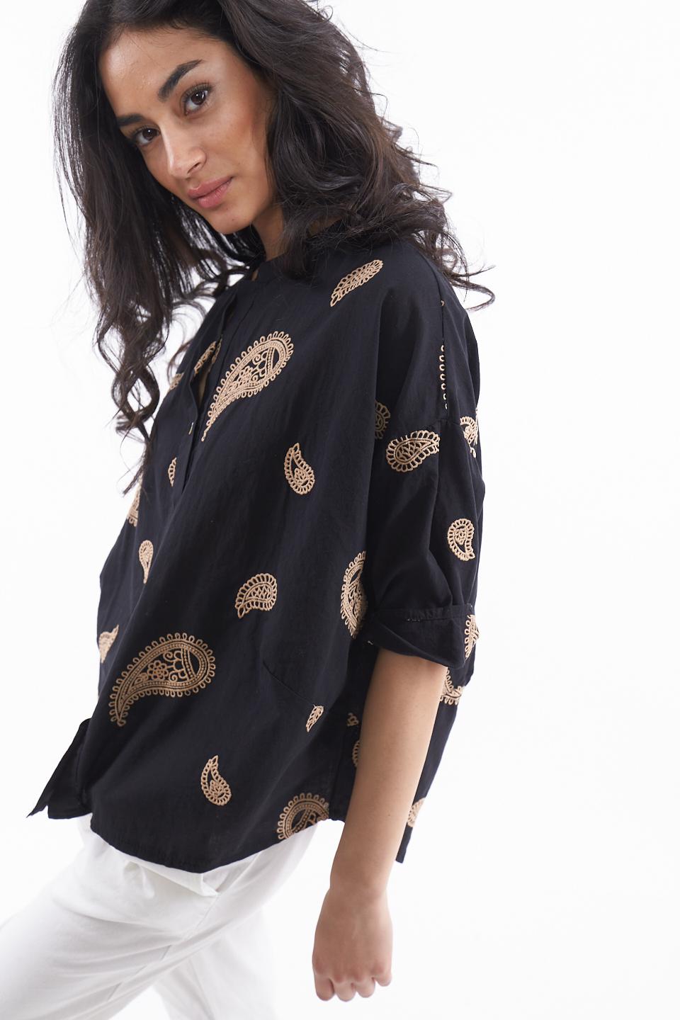 Camicia over cotone mezze-maniche nero - Primavera Estate 2023 | Brend