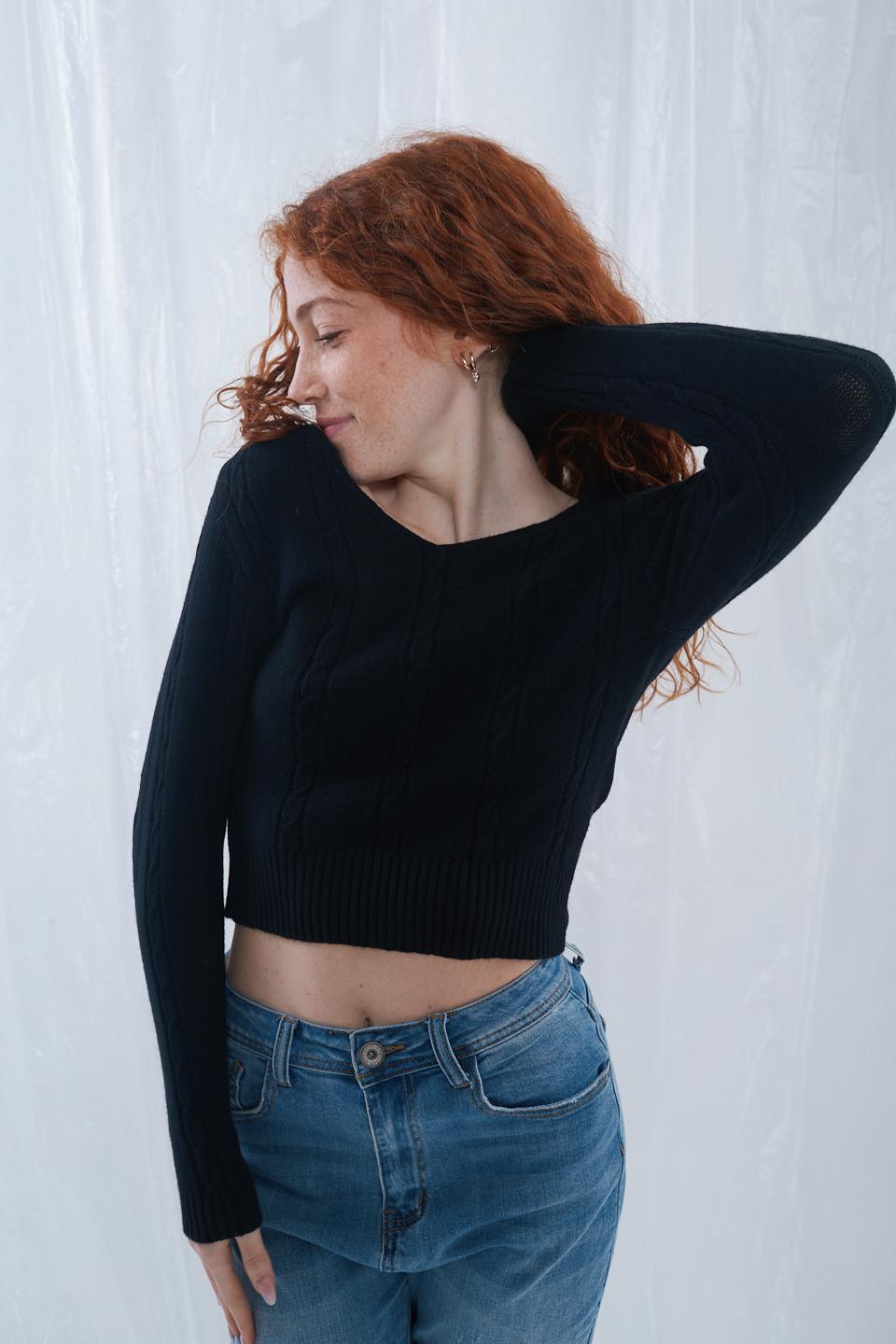 Maglia cropped scollo V nero - Primavera Estate 2023 | Brend