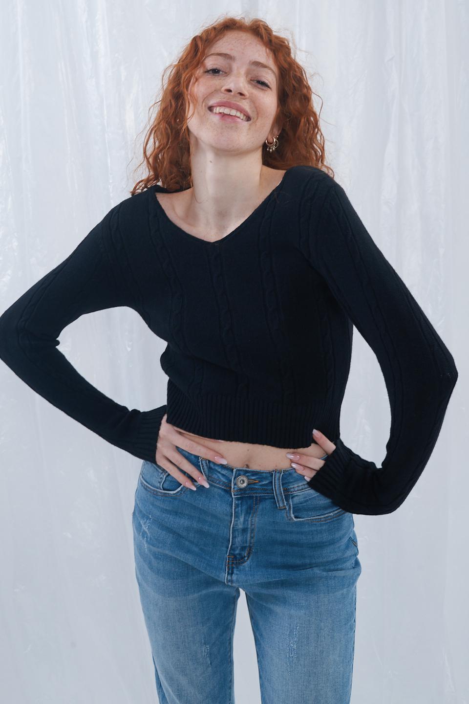 Maglia cropped scollo V nero - Primavera Estate 2023 | Brend