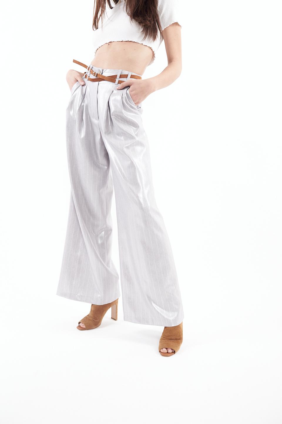 Pantalone gamba larga gessato spalmato gessato/silver - Primavera Estate 2023 | Brend