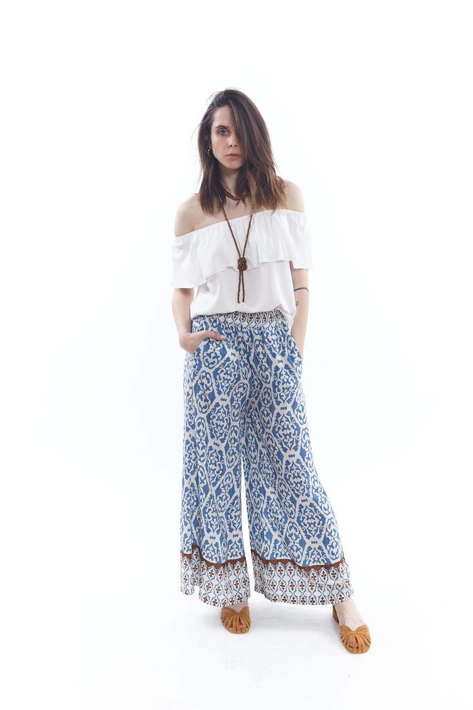 Pantalone viscosa con elastico azzurro etnico - Primavera Estate 2023 | Brend
