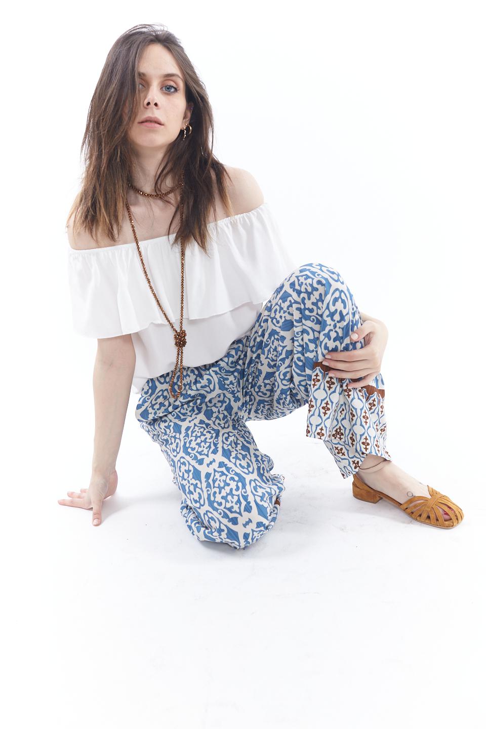 Pantalone viscosa con elastico azzurro etnico - Primavera Estate 2023 | Brend