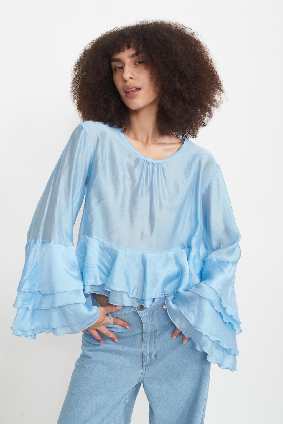 Blusa con gale asimmetrica celeste - Primavera Estate 2025 | Brend