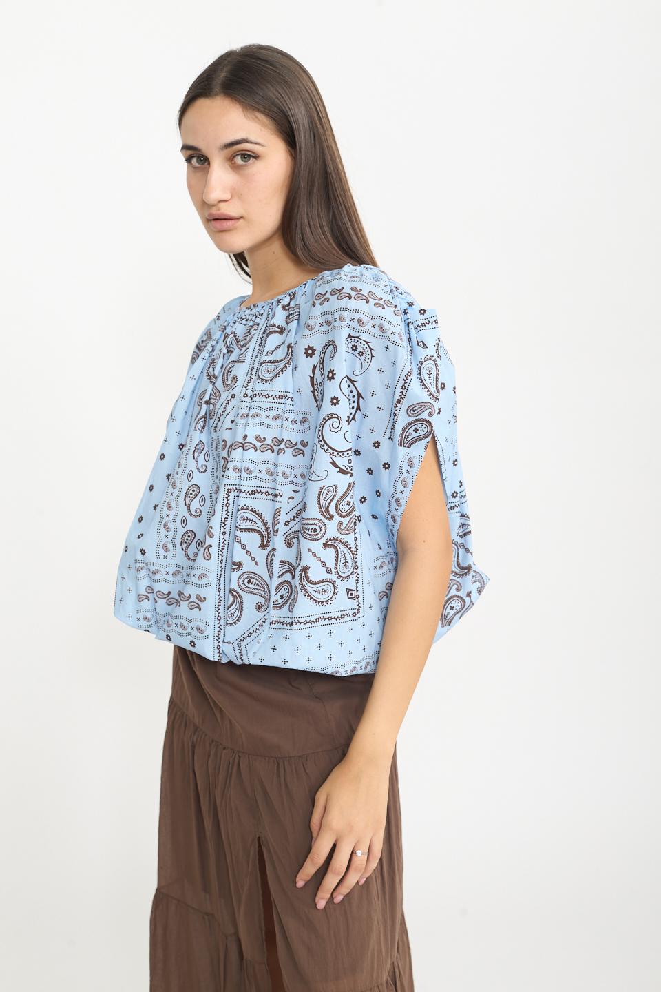 Blusa arricciata stampa bandata celeste/moro - Primavera Estate 2025 | Brend