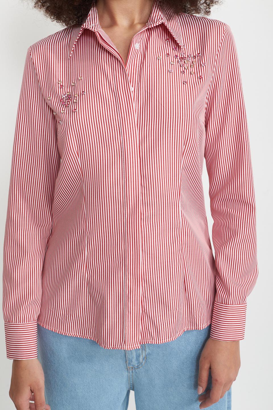 Camicia slim rigata con strass rigo rosso - Primavera Estate 2025 | Brend