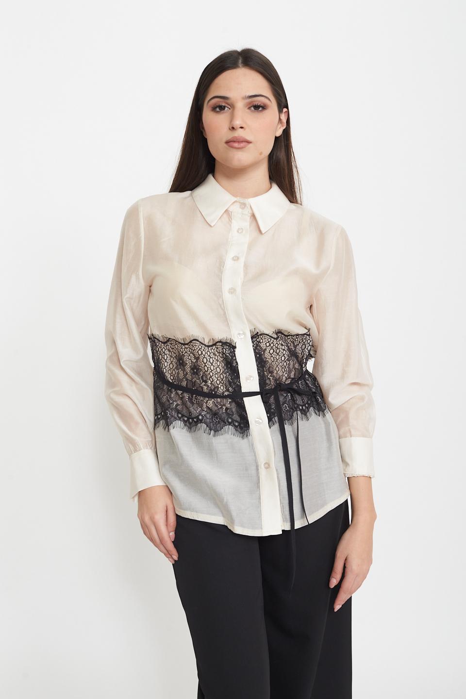 Camicia tencell inserto pizzo panna - Primavera Estate 2025 | Brend