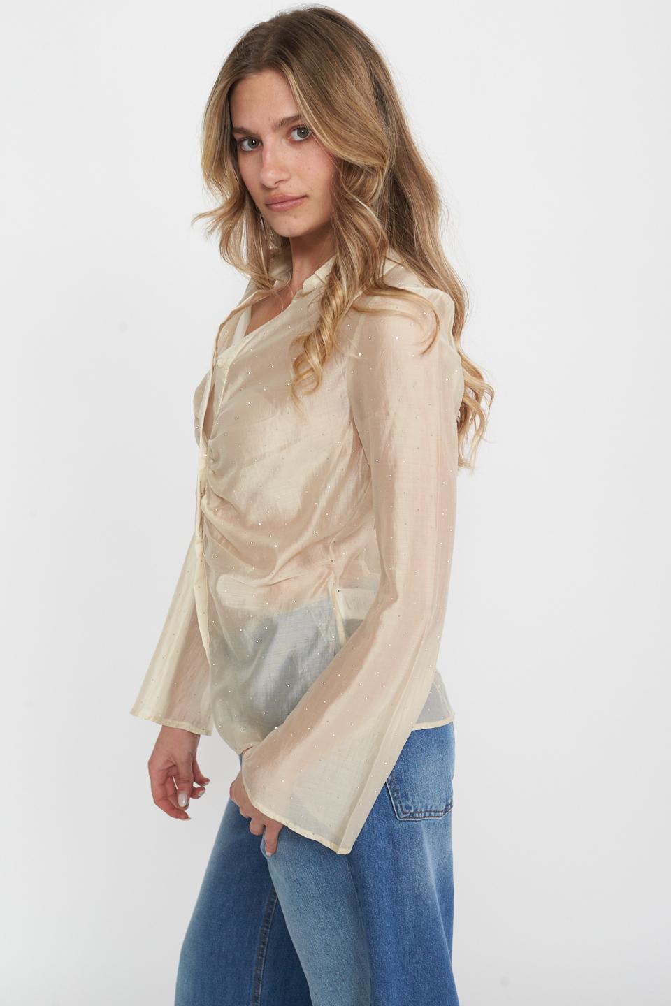 Camicia arricciata con strass beige - Primavera Estate 2025 | Brend