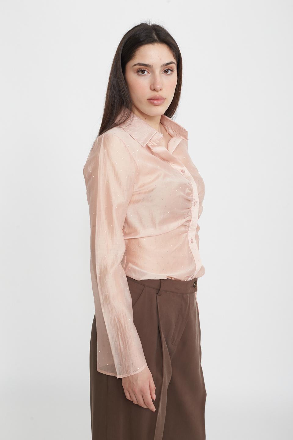 Camicia arricciata con strass cipria - Primavera Estate 2025 | Brend