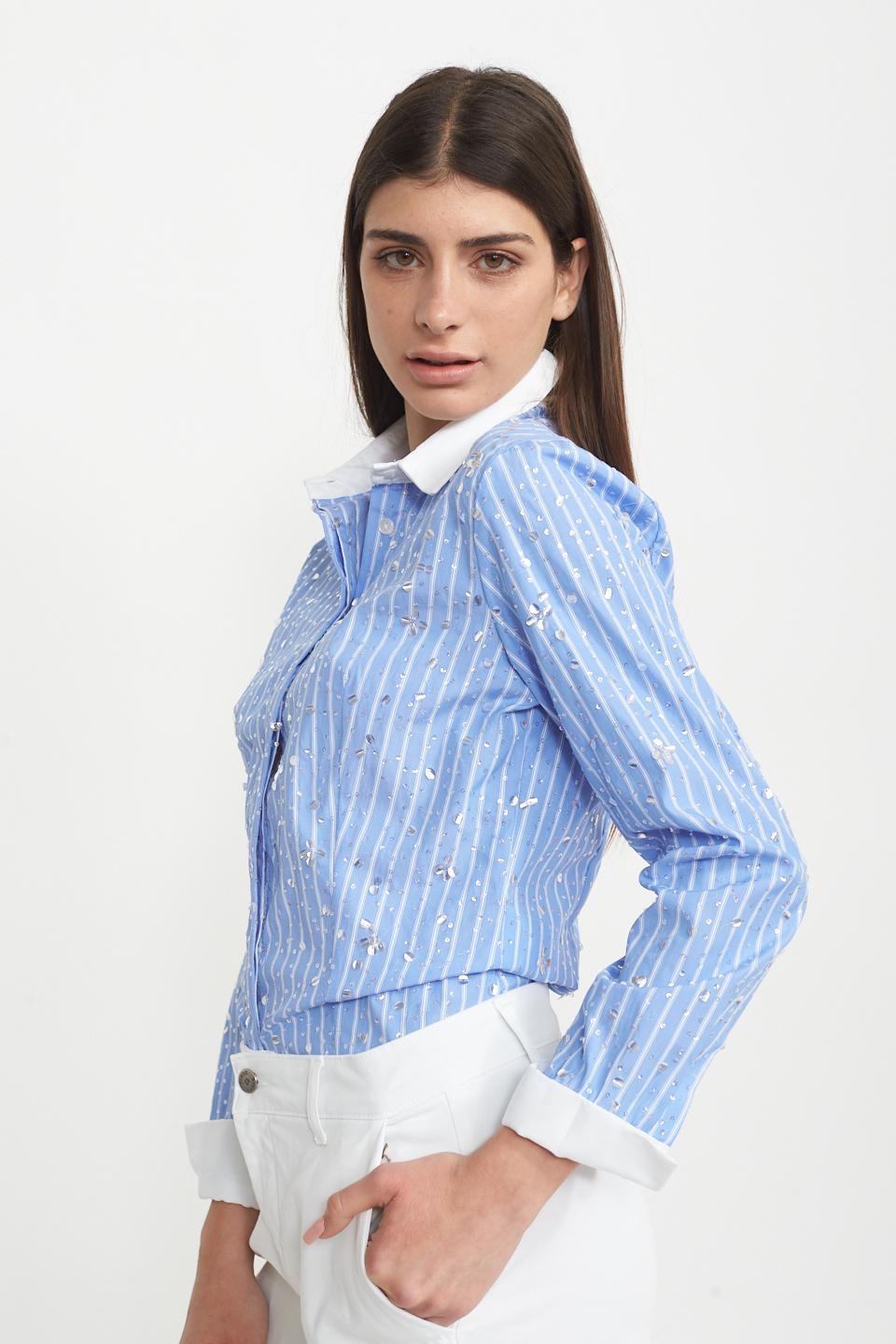Camicia rigata con paillettes celeste - Primavera Estate 2025 | Brend