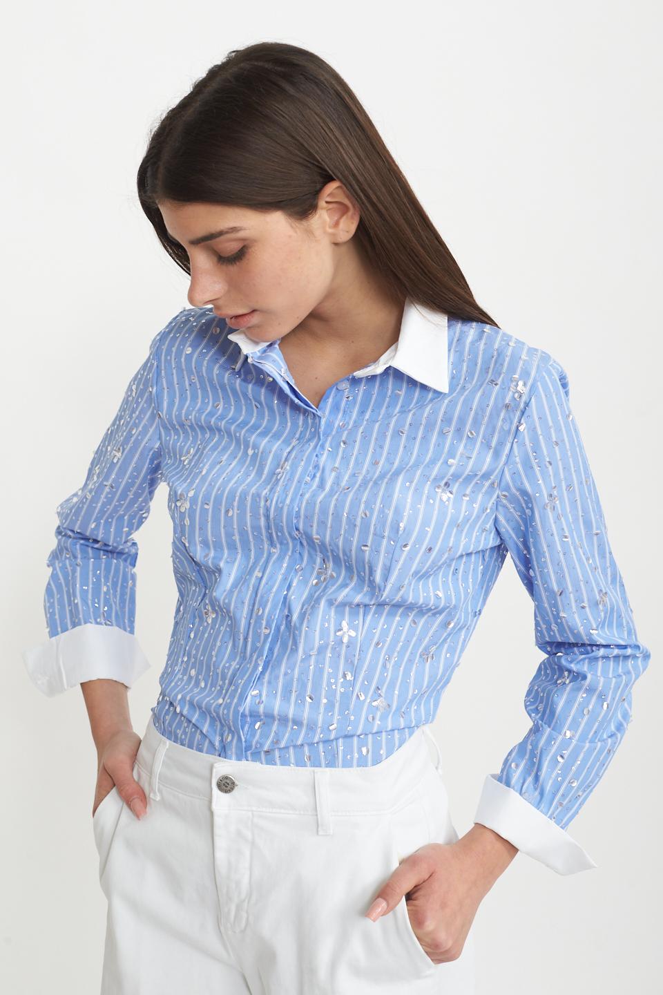 Camicia rigata con paillettes celeste - Primavera Estate 2025 | Brend