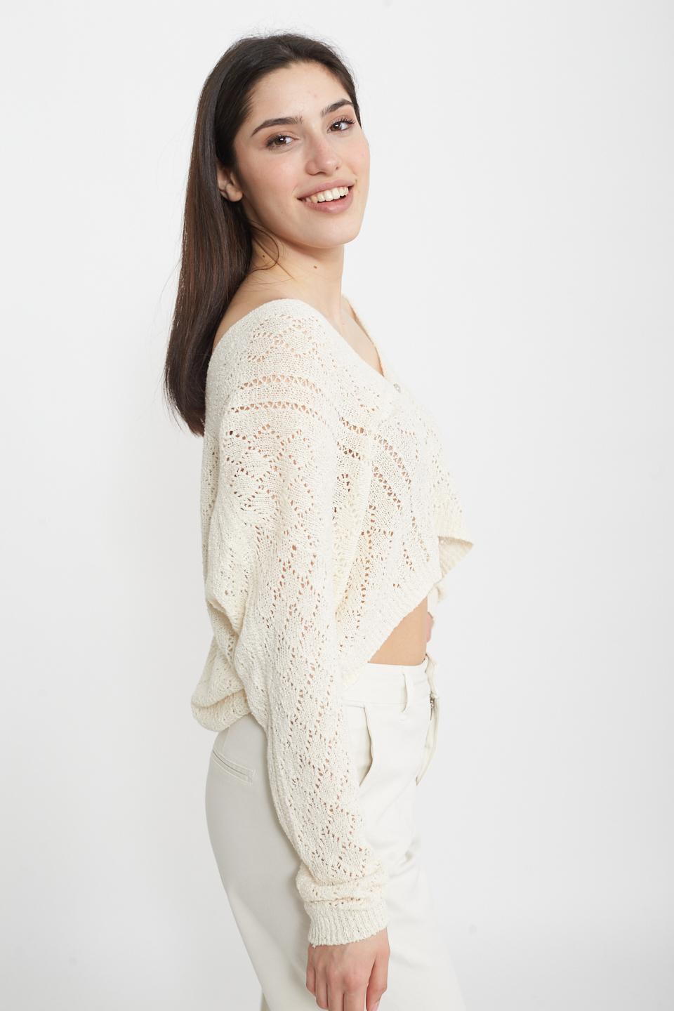 Cardigan scollo V traforato latte macchiato - Primavera Estate 2025 | Brend