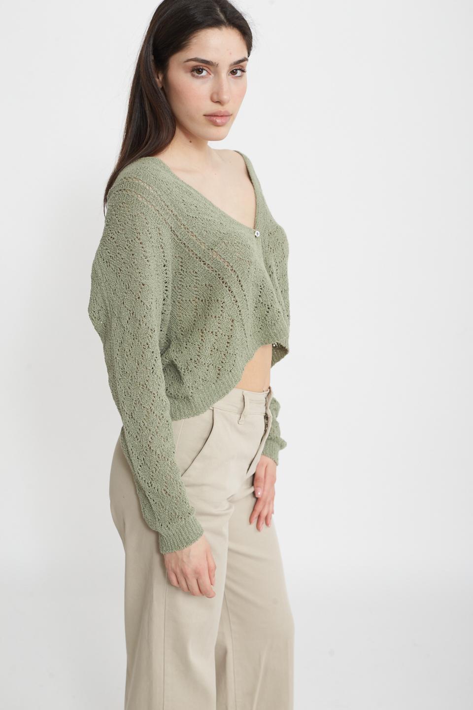 Cardigan scollo V traforato salvia - Primavera Estate 2025 | Brend