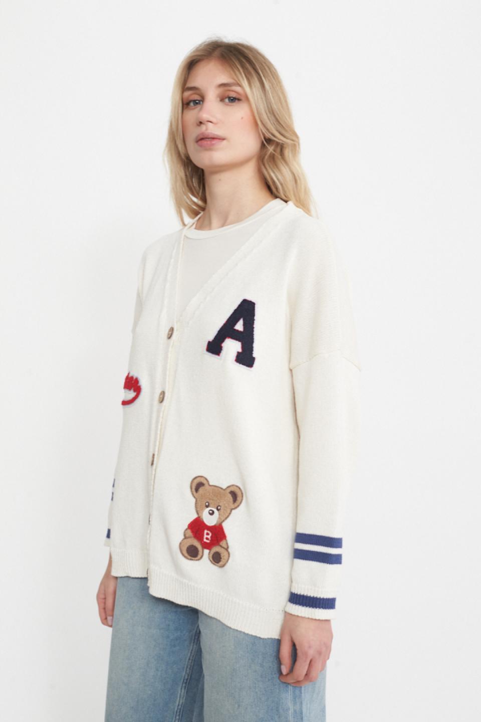 Cardigan 3 patch manica righe naturale/rigo blu - Primavera Estate 2025 | Brend