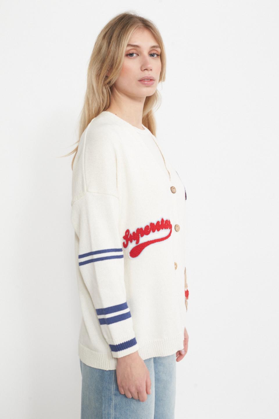 Cardigan 3 patch manica righe naturale/rigo blu - Primavera Estate 2025 | Brend