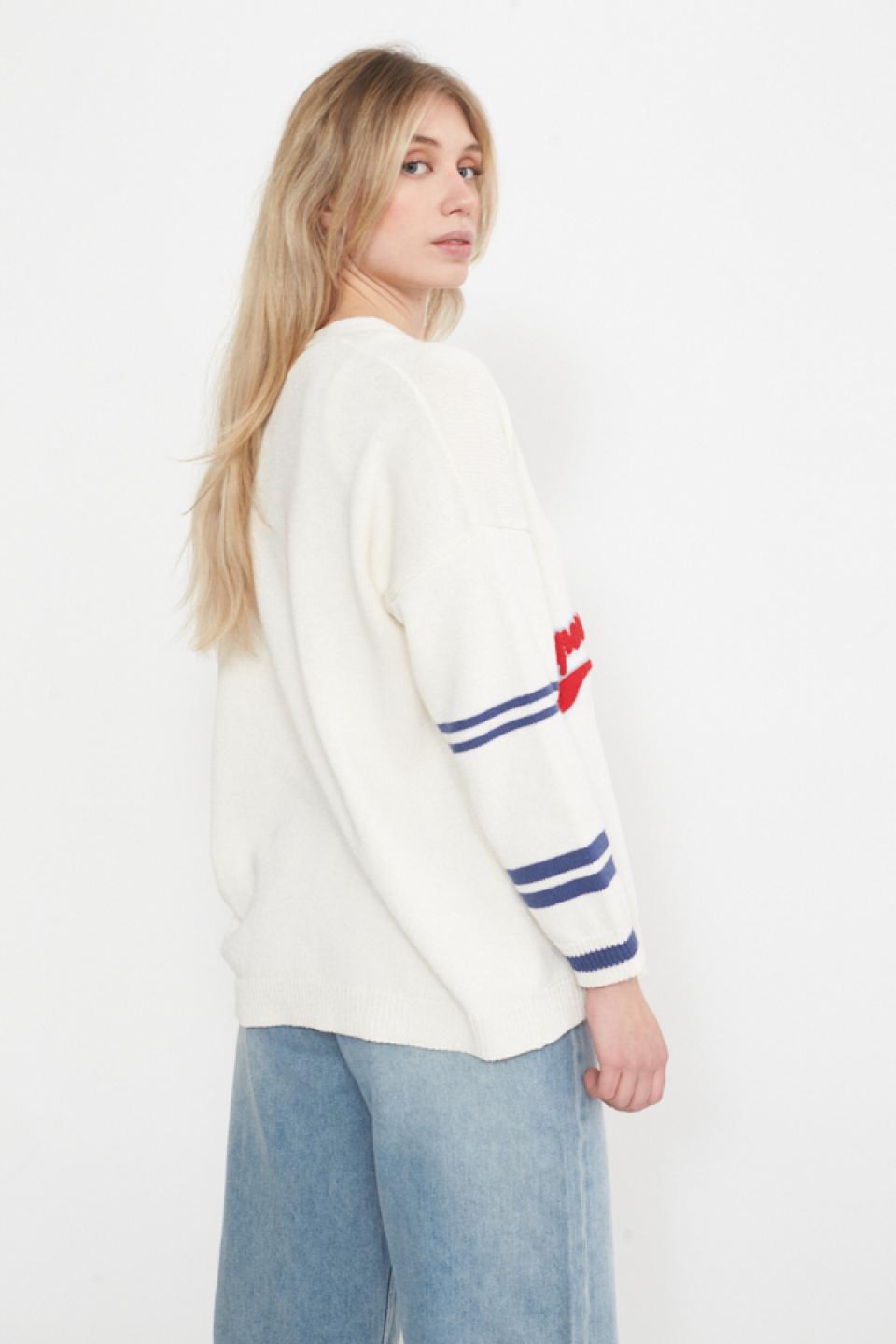 Cardigan 3 patch manica righe naturale/rigo blu - Primavera Estate 2025 | Brend