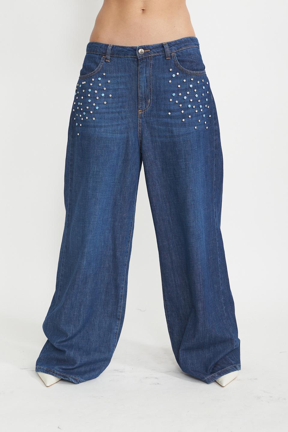 Jeans doppio wide-leg strass denim blu - Primavera Estate 2025 | Brend