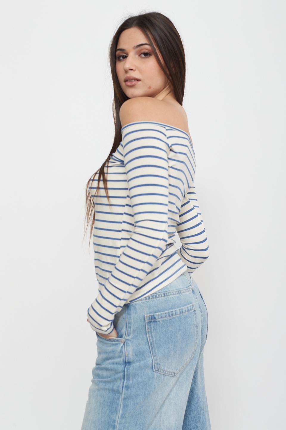 Maglia scollo barca rigata panna/jeans - Primavera Estate 2025 | Brend