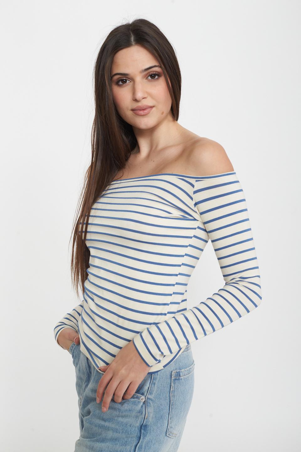 Maglia scollo barca rigata panna/jeans - Primavera Estate 2025 | Brend