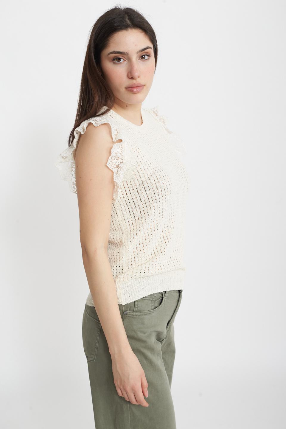 Maglia traforata maniche rouches latte macchiato - Primavera Estate 2025 | Brend