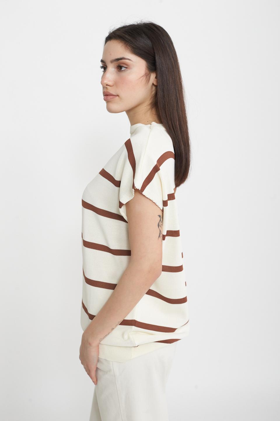 Maglia smanicata a righe burro/tabacco - Primavera Estate 2025 | Brend