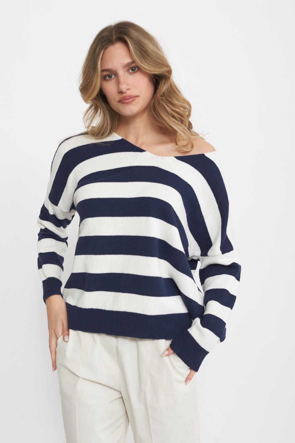 Maglia scollo v righe panna/blu - Primavera Estate 2025 | Brend