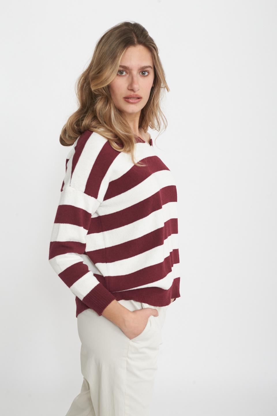 Maglia scollo v righe panna/bordeaux - Primavera Estate 2025 | Brend