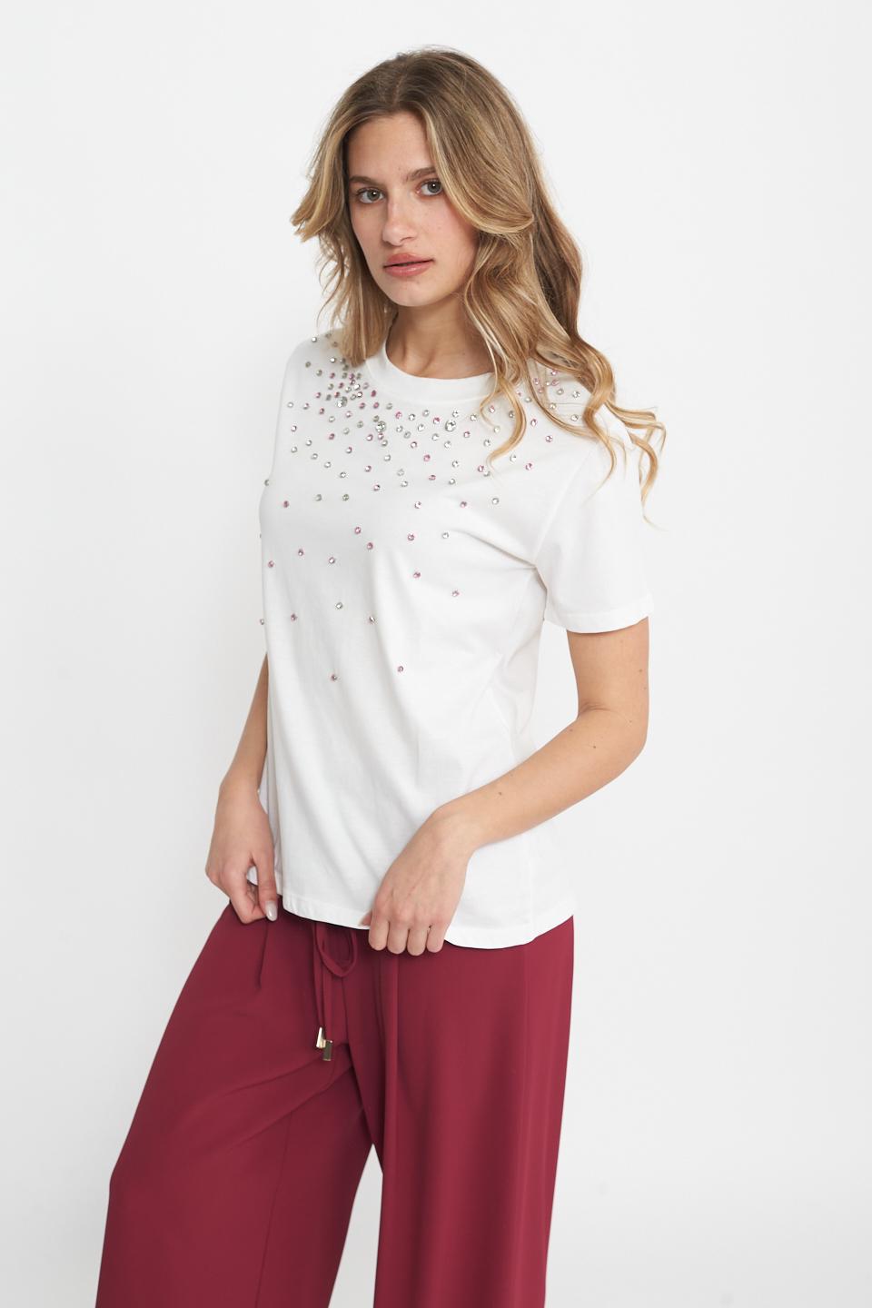 T-shirt strass applicati bianco/p.rosa - Primavera Estate 2025 | Brend