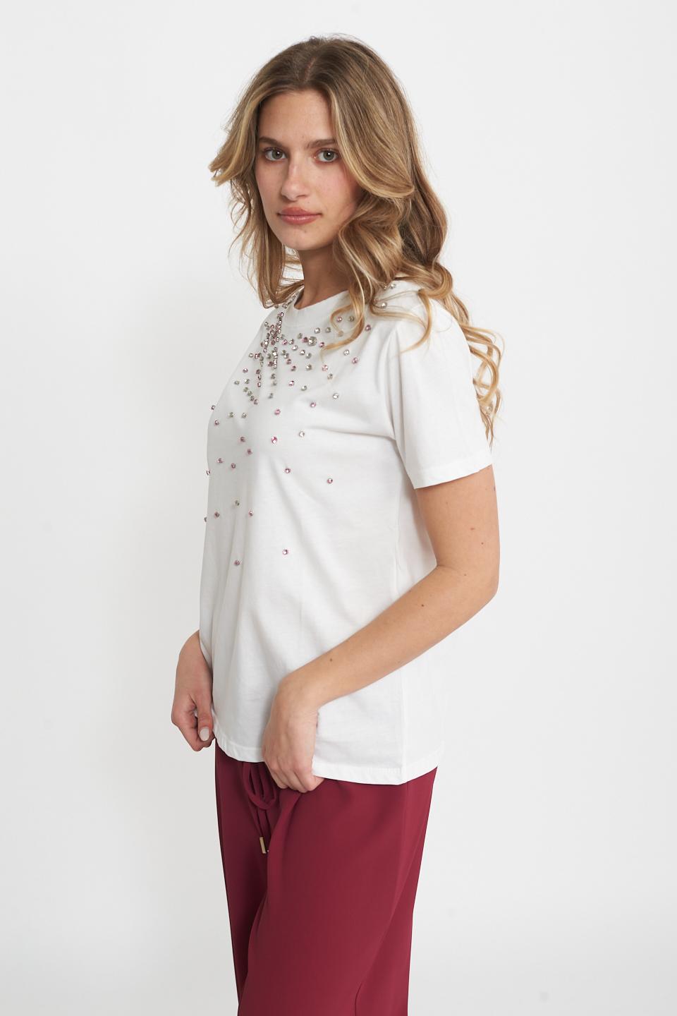 T-shirt strass applicati bianco/p.rosa - Primavera Estate 2025 | Brend