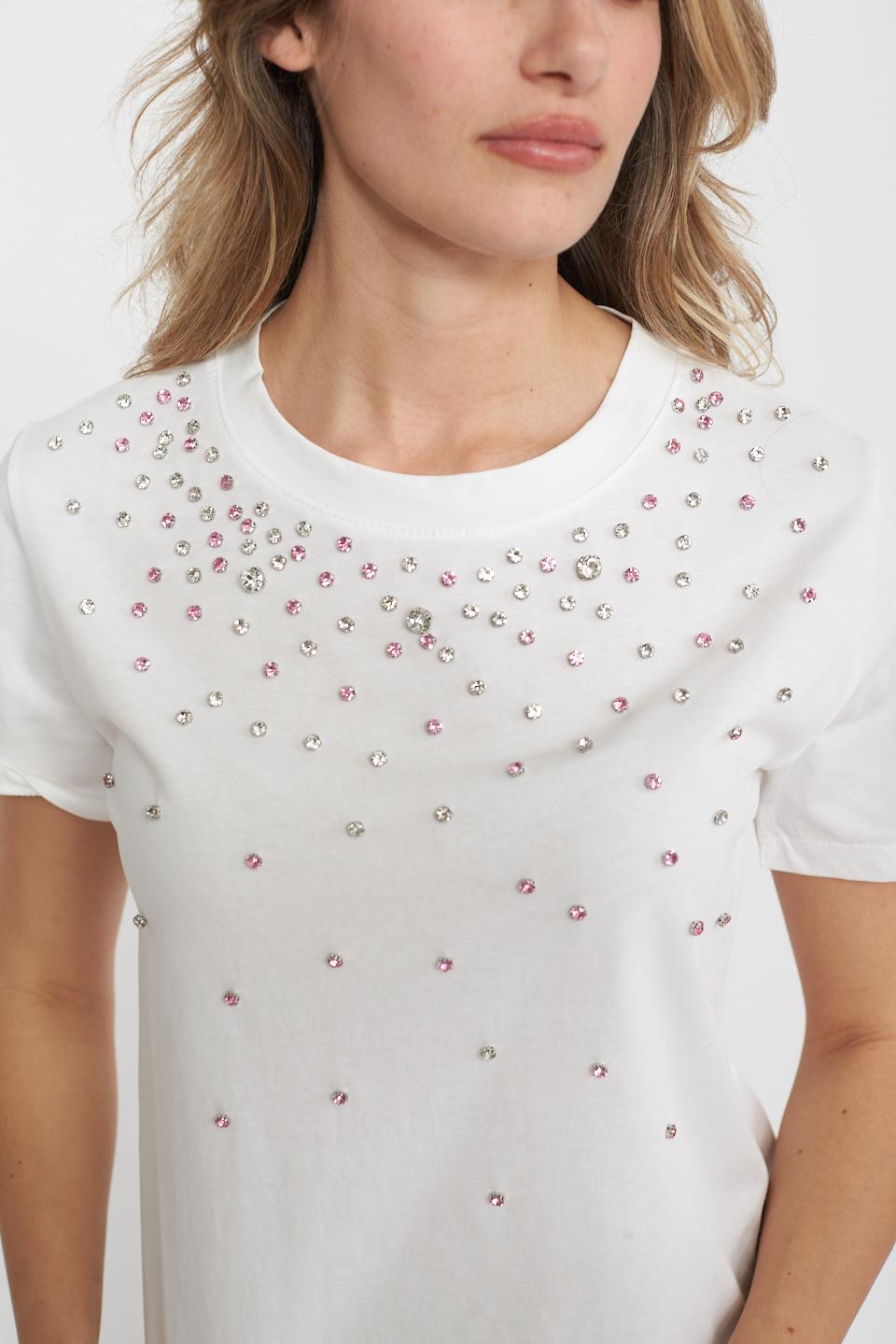 T-shirt strass applicati bianco/p.rosa - Primavera Estate 2025 | Brend