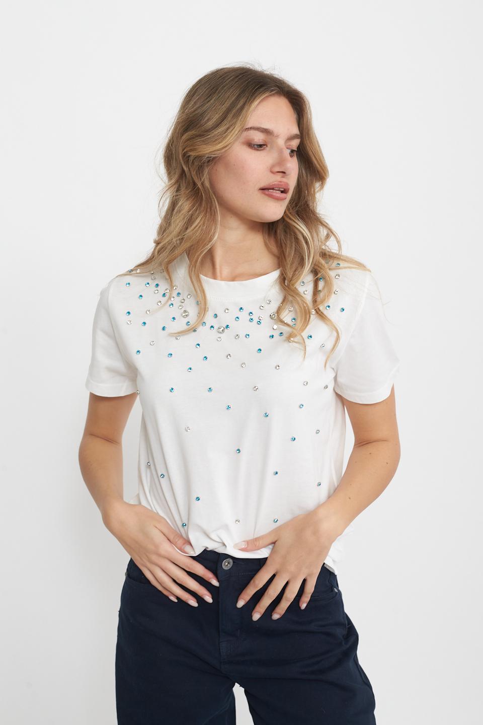 T-shirt strass applicati bianco/p.azzuro - Primavera Estate 2025 | Brend
