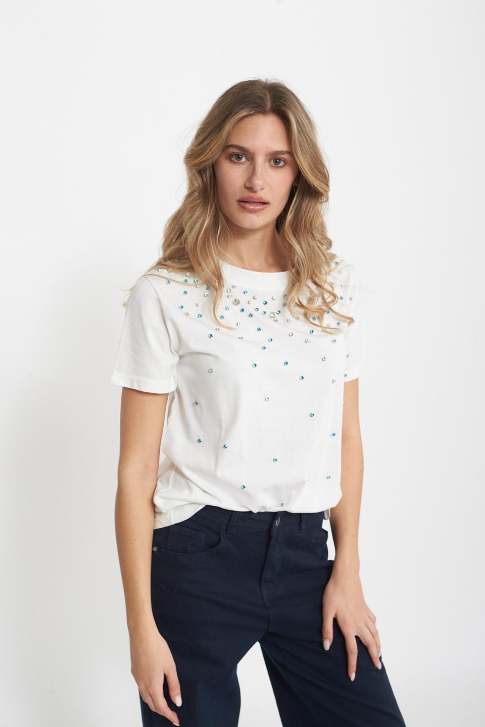 T-shirt strass applicati bianco/p.azzuro - Primavera Estate 2025 | Brend